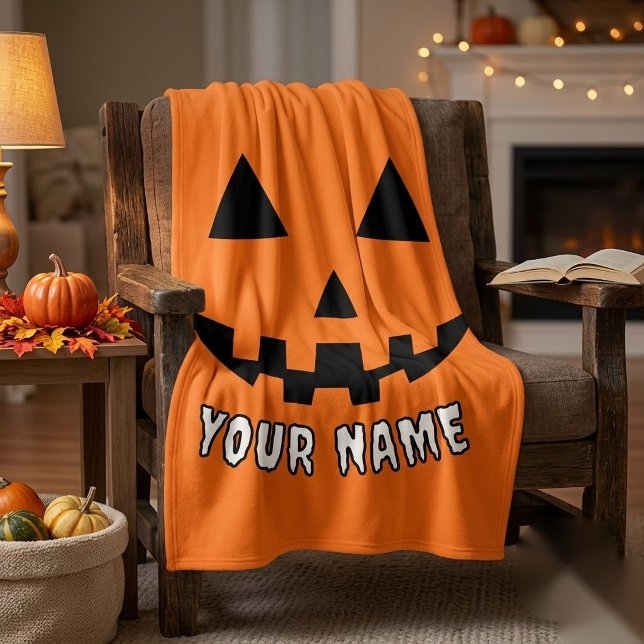 Personalized Orange Pumpkin Halloween Your Name Fleece Blanket (Creator Uploaded)