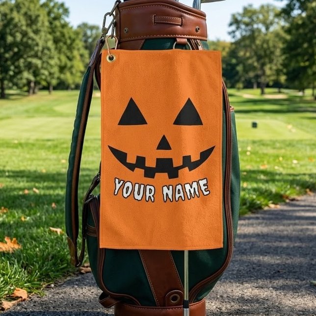 Personalized Orange Pumpkin Halloween Your Name Golf Towel (Creator Uploaded)