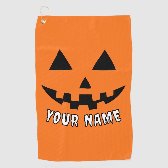 Personalized Orange Pumpkin Halloween Your Name Golf Towel (Front)