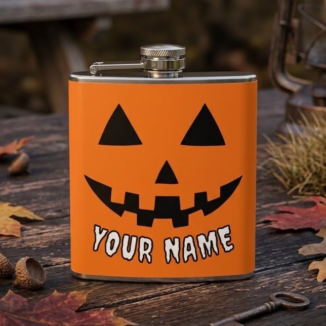 Personalized Orange Pumpkin Halloween Your Name Hip Flask (Creator Uploaded)