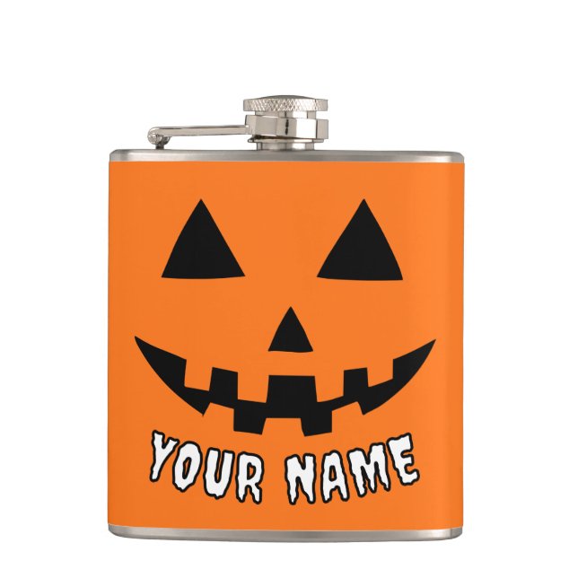 Personalized Orange Pumpkin Halloween Your Name Hip Flask (Front)