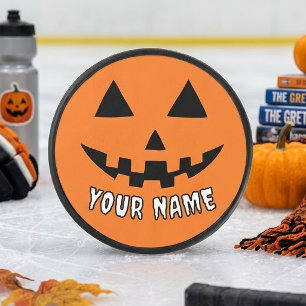 Personalized Orange Pumpkin Halloween Your Name Hockey Puck