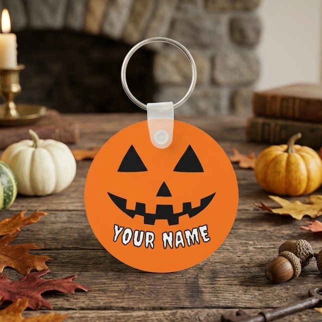 Personalized Orange Pumpkin Halloween Your Name Keychain (Creator Uploaded)