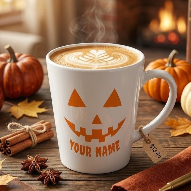 Personalized Orange Pumpkin Halloween Your Name Latte Mug (Creator Uploaded)