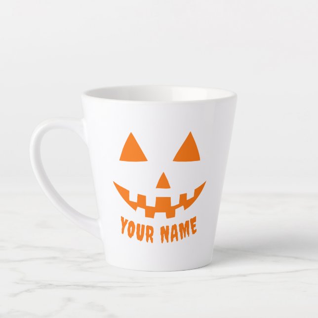Personalized Orange Pumpkin Halloween Your Name Latte Mug (Left)