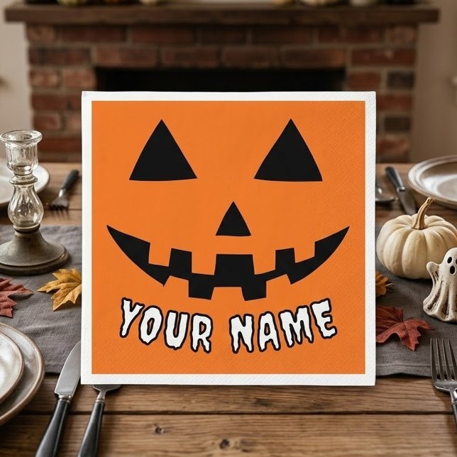 Personalized Orange Pumpkin Halloween Your Name Napkin (Creator Uploaded)