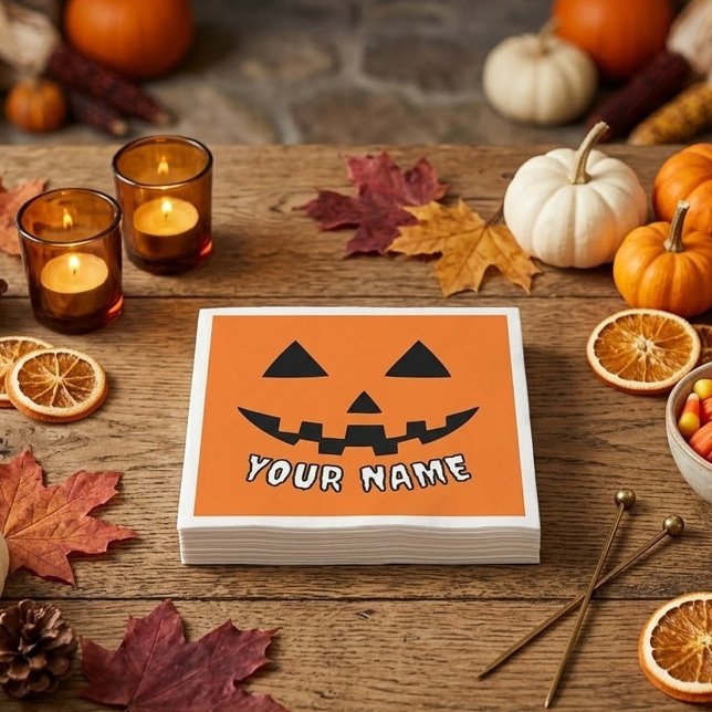 Personalized Orange Pumpkin Halloween Your Name Napkin (Creator Uploaded)