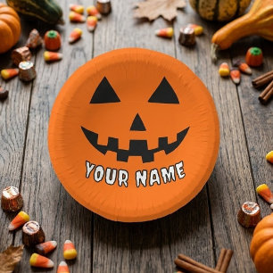 Personalized Orange Pumpkin Halloween Your Name Paper Plate