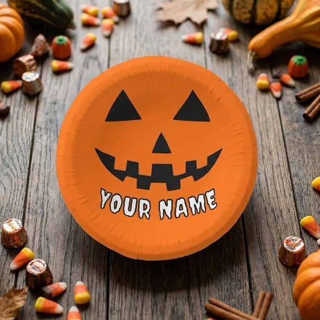 Personalized Orange Pumpkin Halloween Your Name Paper Plate (Creator Uploaded)