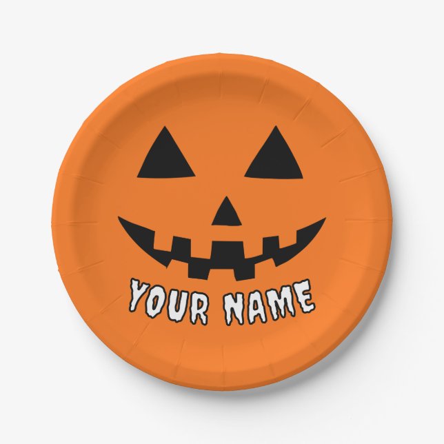 Personalized Orange Pumpkin Halloween Your Name Paper Plate (Front)