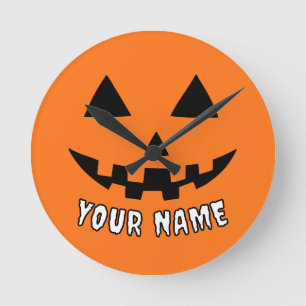 Personalized Orange Pumpkin Halloween Your Name Round Clock