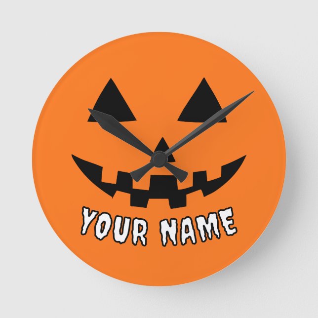 Personalized Orange Pumpkin Halloween Your Name Round Clock (Front)