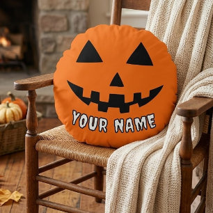 Personalized Orange Pumpkin Halloween Your Name Round Pillow