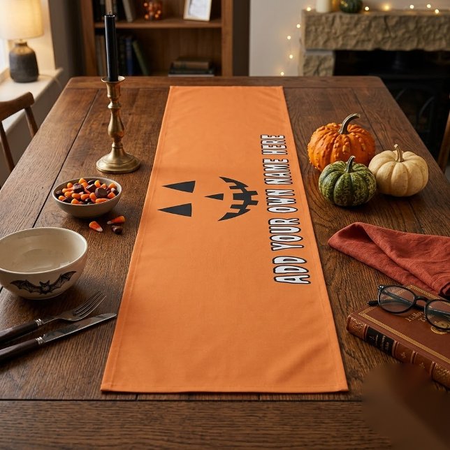 Personalized Orange Pumpkin Halloween Your Name Short Table Runner (Creator Uploaded)