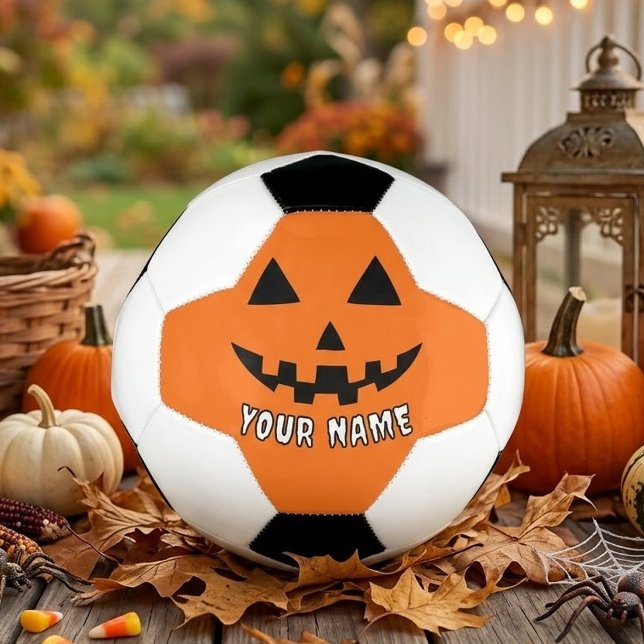Personalized Orange Pumpkin Halloween Your Name Soccer Ball (Creator Uploaded)