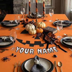 Personalized Orange Pumpkin Halloween Your Name Tablecloth