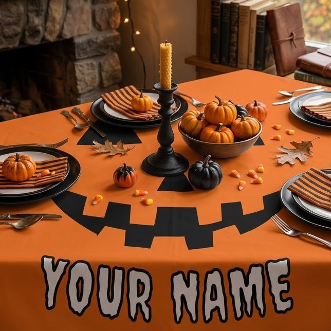 Personalized Orange Pumpkin Halloween Your Name Tablecloth (Creator Uploaded)
