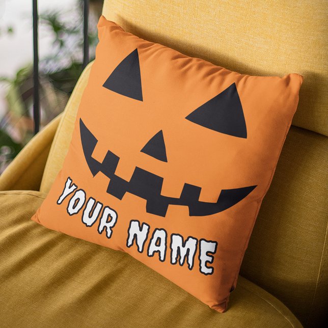 Personalized Orange Pumpkin Halloween Your Name Throw Pillow (Creator Uploaded)