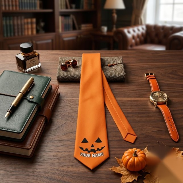 Personalized Orange Pumpkin Halloween Your Name Tie (Creator Uploaded)