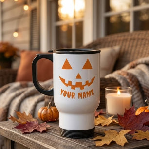 Personalized Orange Pumpkin Halloween Your Name Travel Mug