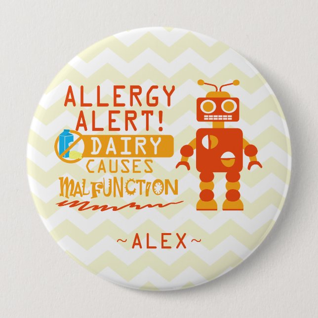 Personalized Orange Robot Dairy Allergy Alert Pin (Front)