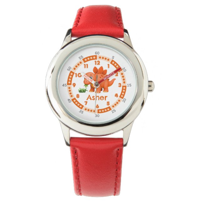 Personalized Orange Stegosaurus Time-Telling Dino Watch (Front)