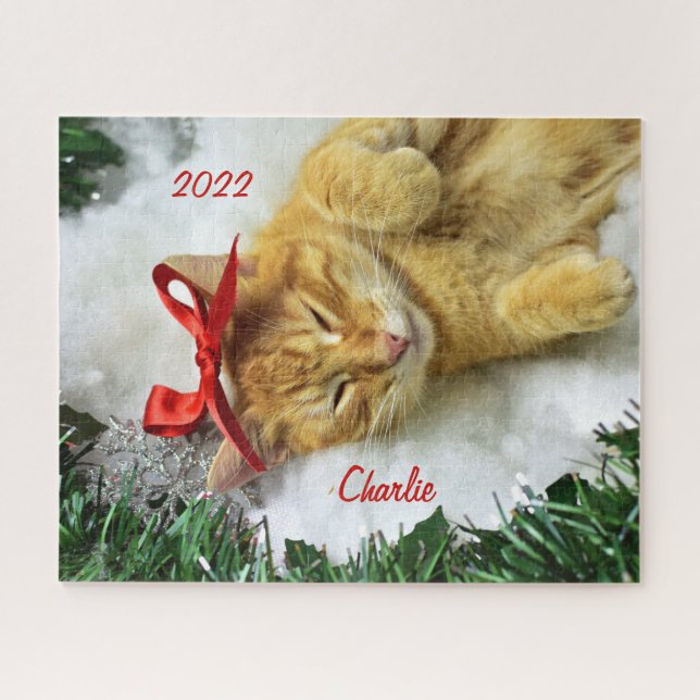 Personalized Orange Tabby Cat Christmas Jigsaw Puzzle (Horizontal)