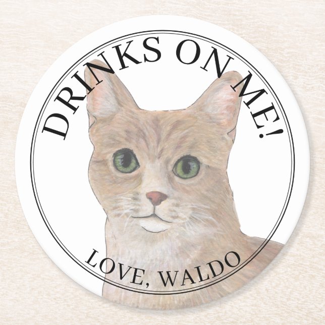 Personalized Orange Tabby Cat Wedding Round Paper Coaster (Front)