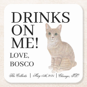 Personalized Orange Tabby Cat Wedding Square Paper Coaster