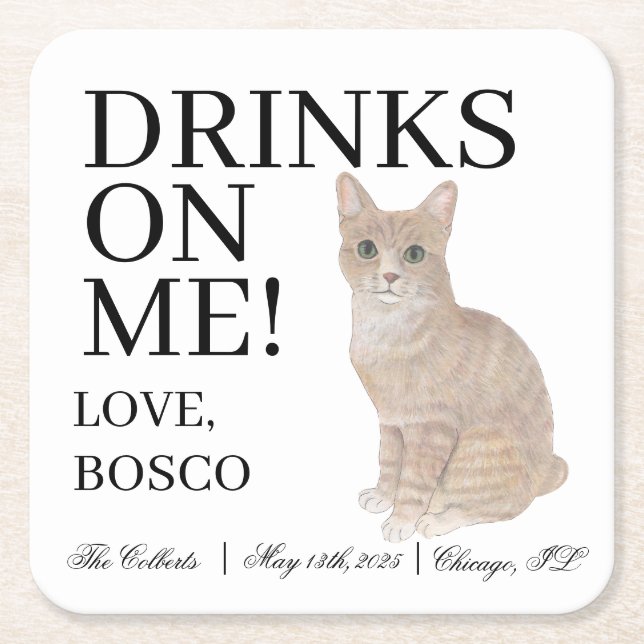 Personalized Orange Tabby Cat Wedding Square Paper Coaster (Front)