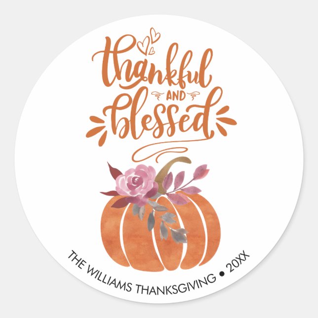 Personalized Orange Thankful & Blessed Pumpkin Classic Round Sticker (Front)