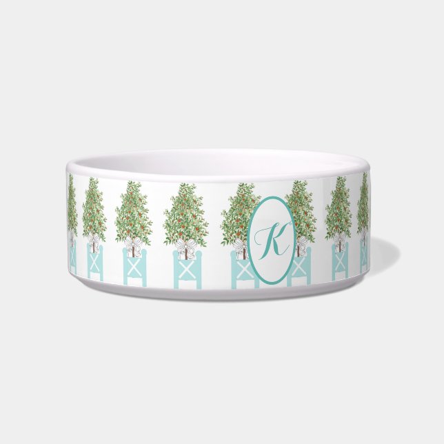 Personalized Orange tree Topiary Chinoiserie dog Bowl (Front)