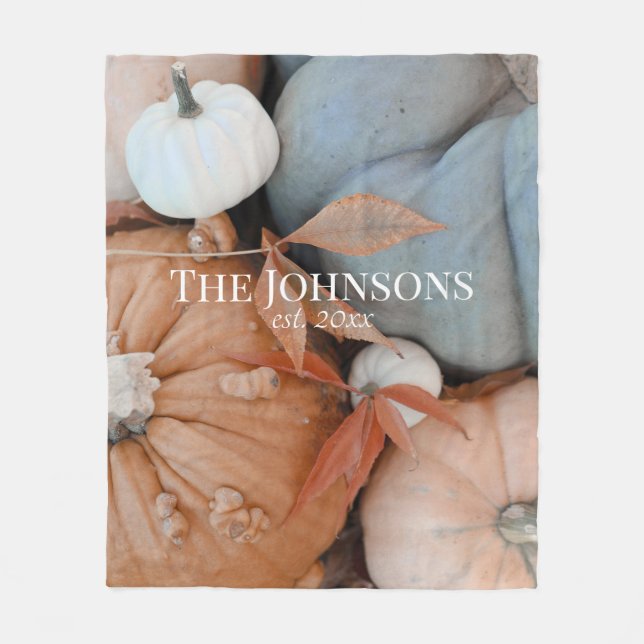 Personalized Orange White And Blue Pumpkins Fleece Blanket (Front)