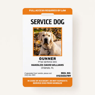 Personalized Orange White Service Dog Photo Badge