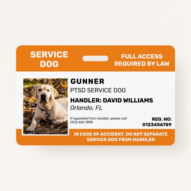 Personalized Orange White Service Dog Photo Badge (Front)