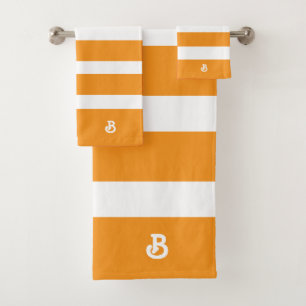 Personalized Orange & White Stripes Pattern Bath Towel Set