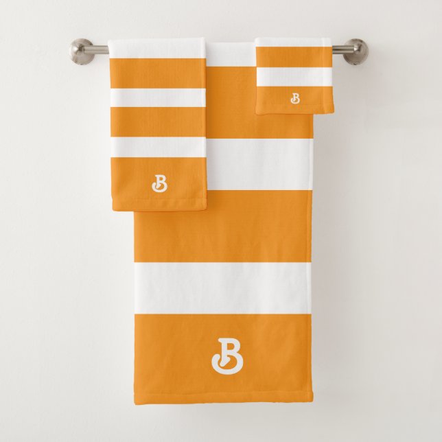 Personalized Orange & White Stripes Pattern Bath Towel Set (Insitu)