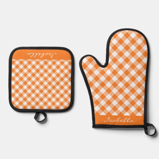 Personalized Orange White Tartan Plaid Oven Mitt & Pot Holder Set (Front)