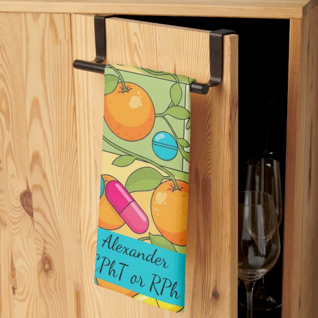 Personalized Oranges Blue Pink Pill Pharmacy Kitchen Towel (Thirds Fold)