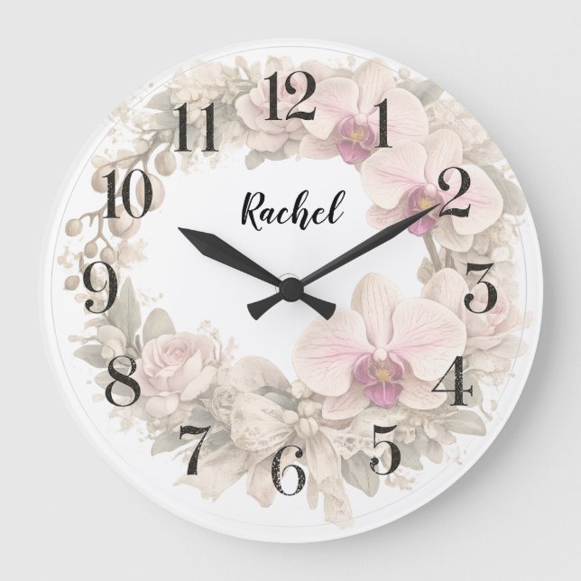 personalized orchid wreath clock  (Front)