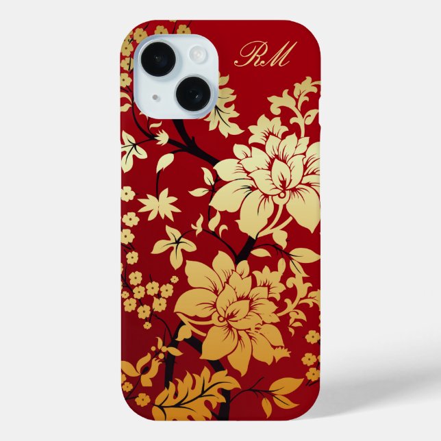Personalized Oriental Golden Flowers on Red Case-Mate iPhone Case (Back)