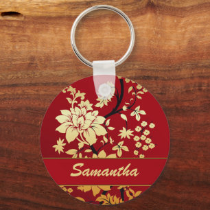 Personalized Oriental Golden Flowers on Red Keychain