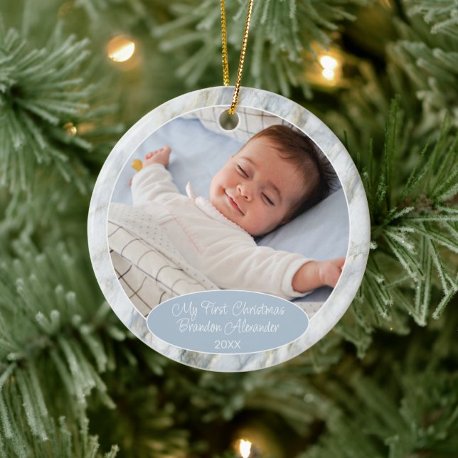 Personalized Ornament With Photo On Blue Marble (Tree)