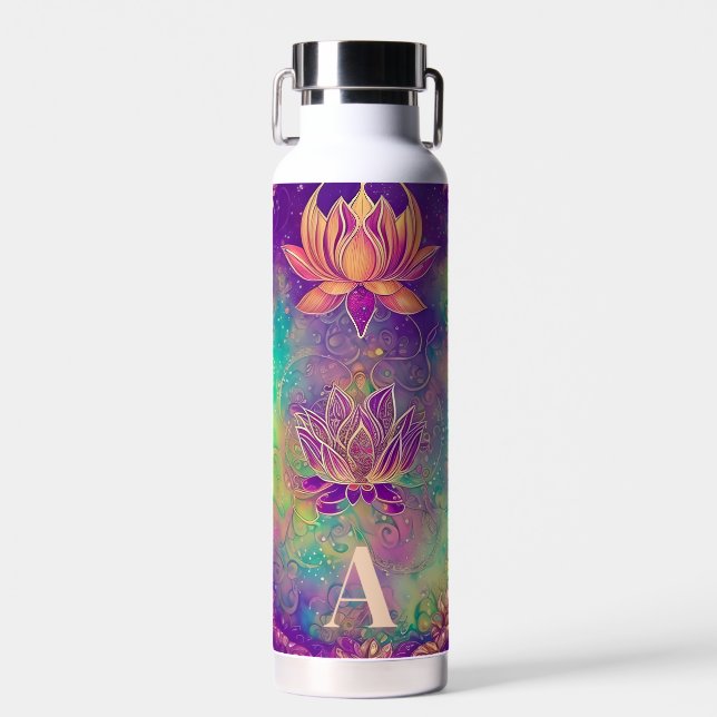 Personalized Ornate Colourful Lotus Flowers Water Bottle (Front)