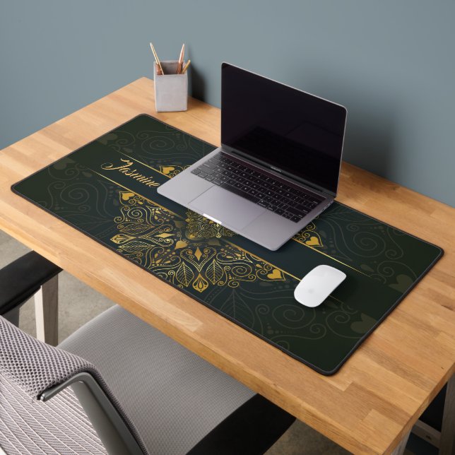 Personalized Ornate Green Gold Mandala Desk Mat (Office 2)