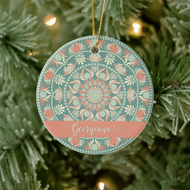 Personalized Ornate Retro Sage and Sand Mandala Ceramic Ornament (Tree)