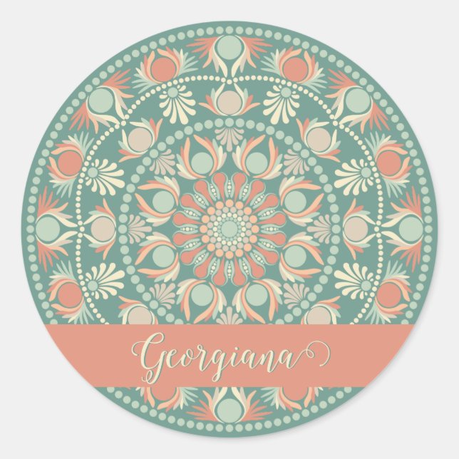 Personalized Ornate Retro Sage and Sand Mandala Classic Round Sticker (Front)