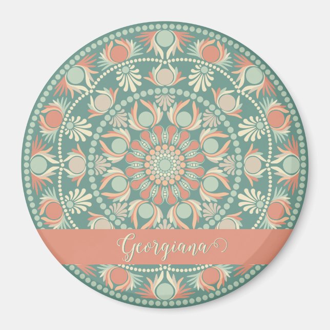 Personalized Ornate Retro Sage and Sand Mandala Magnet (Front)
