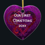 Personalized Our First Christmas Heart Ornament<br><div class="desc">Celebrate your first holiday season together with this beautiful Our First Christmas heart ceramic ornament. Featuring a romantic purple background with an elegant heart flourish, this ornament is the perfect keepsake to mark a special milestone in your relationship. Customize the ornament with your own year or meaningful date, creating a...</div>