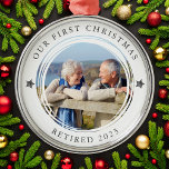 Personalized Our First Christmas Retired Photo Metal Ornament<br><div class="desc">Personalize this ornament with favourite photo of your retirement to create a keepsake ornament to hang on your tree.</div>